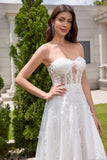 White A Line Corset Detachable Straps Long Wedding Dress with Appliques Lace