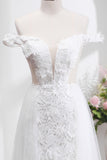 White A Line Off The Shoulder Wedding Dress with Appliques Lace