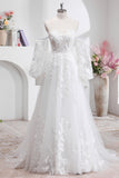 White A Line Tulle Long Sleeves Wedding Dress with Appliques Lace