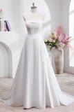 Elegant White A Line Strapless Pleated Sweep Train Wedding Dress with Slit