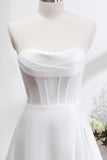 Elegant White A Line Strapless Pleated Sweep Train Wedding Dress with Slit