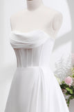 Elegant White A Line Strapless Pleated Sweep Train Wedding Dress with Slit