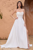 Simple White A Line Corset Strapless Sweep Train Wedding Dress with Slit