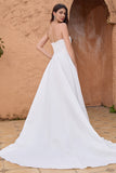 Simple White A Line Corset Strapless Sweep Train Wedding Dress with Slit