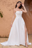 Simple White A Line Corset Strapless Sweep Train Wedding Dress with Slit