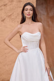 Simple White A Line Corset Strapless Sweep Train Wedding Dress with Slit