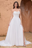 Simple White A Line Corset Strapless Sweep Train Wedding Dress with Slit