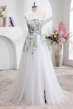 White A Line Strapless Floral Embroidery Corset Tulle Long Wedding Dress with Slit