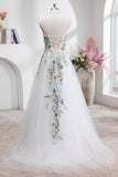 White A Line Strapless Floral Embroidery Corset Tulle Long Wedding Dress with Slit