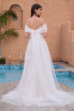 Princess White Off The Shoulder Tulle Long Wedding Dress with Appliques Lace