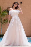 Princess White Off The Shoulder Tulle Long Wedding Dress with Appliques Lace