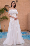 Princess White Off The Shoulder Tulle Long Wedding Dress with Appliques Lace